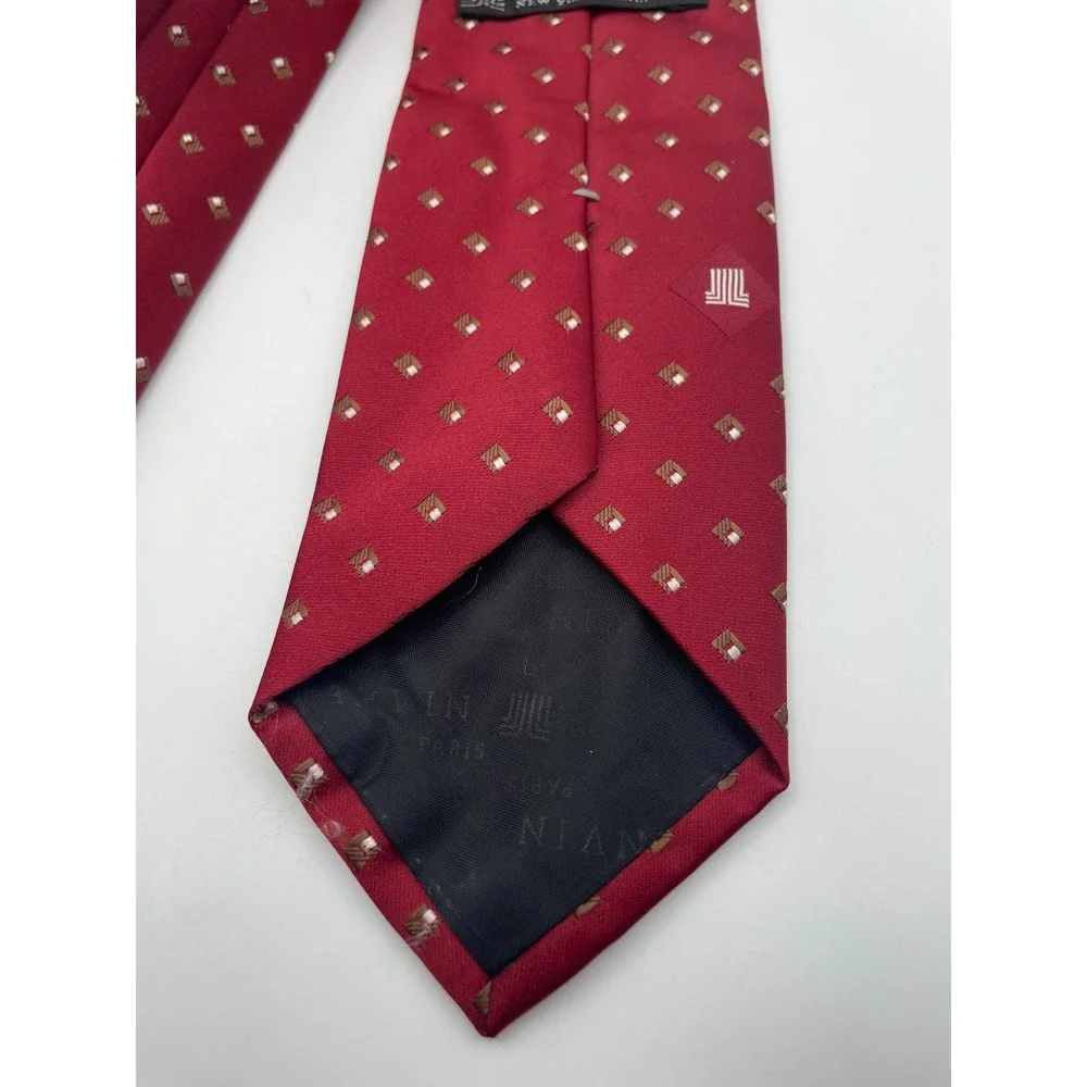Lanvin Paris New York Men Silk Tie Burgundy Red Geometric Square Pattern JL Logo
